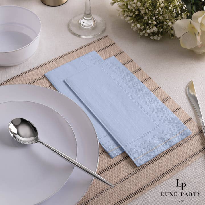 Luxe Party - Wholesale Disposable Napkin - Ice Blue with Silver Guest Paper Napkins | 16 Napkins