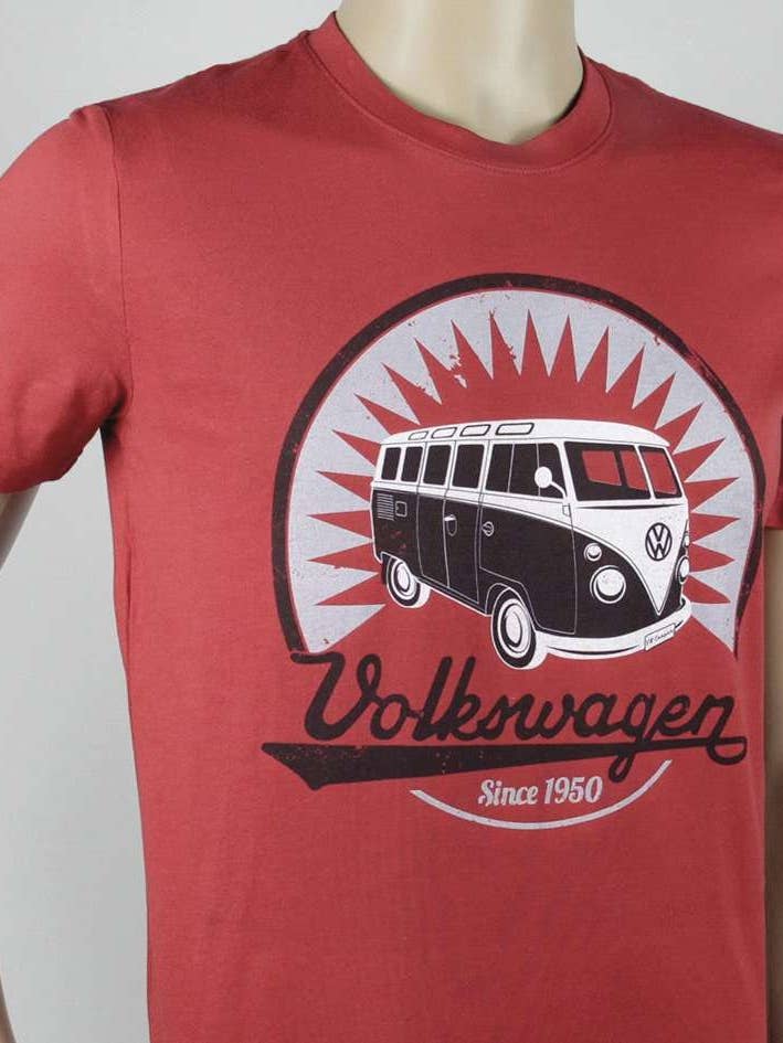 VW Collection by BRISA - Venta al por mayor Camiseta serigrafiada - Unisex - Camiseta VW T1 Bus Unisex (S) - Logo Vintage/Rojo