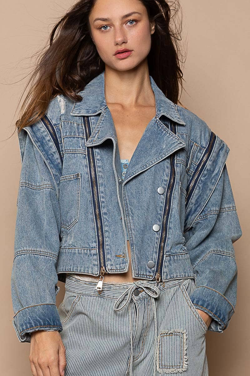 Pol Clothing - Wholesale Denim Jacket - Women's - Oversized denim jacket with zipper detail7