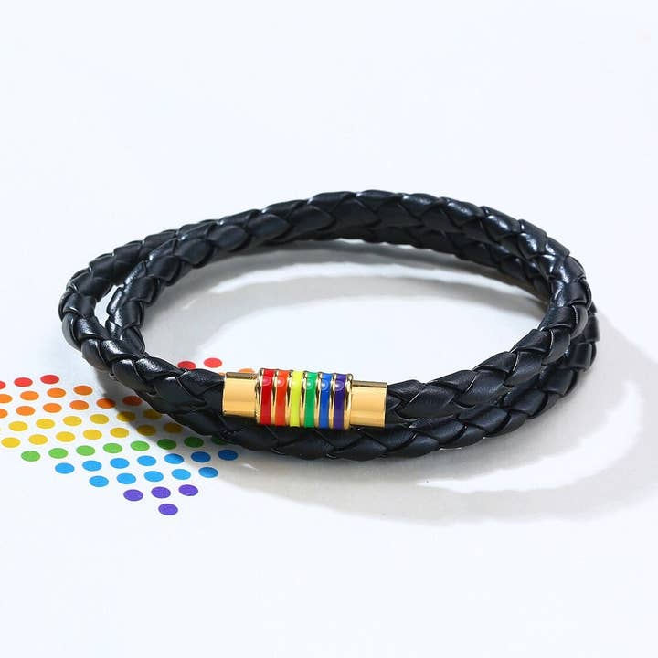 Perimade & Co. LLC - Wholesale Woven/Braided Bracelet - Rainbow LGBTQ Pride Bracelet in Stainless Steel, PU Leather7