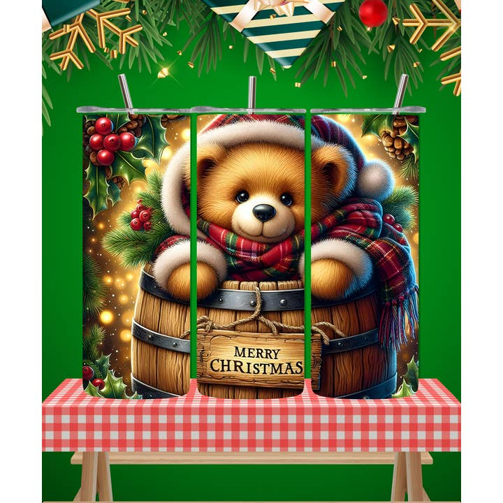 Christmas Tumbler Fashion Bear In Merry Christmas Barrell for wholesale by Worldwide Souvenir Mart