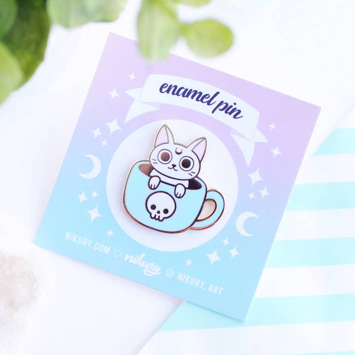 White Meowgic | Mint Tea Mug Cat Enamel Pin for wholesale by Nikury