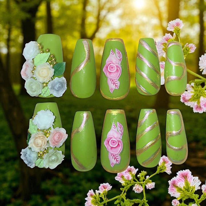 Hand Painted Press on Nails Flower Garden for wholesale by OVER THE TOP NAILS