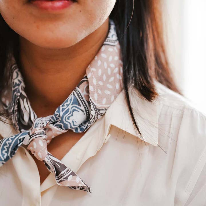 Kasih Co-op - Wholesale Bandana - Unisex - Hand Dyed Batik Bandana Blue Gray, Hand Stamped 100% Cotton