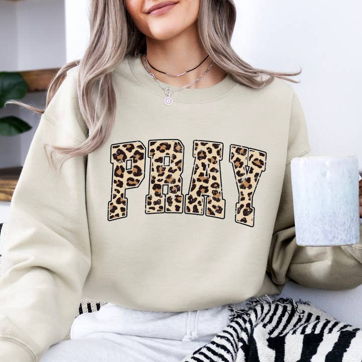 Pray leopard print women's sweatshirt, Easter Christian crew for wholesale by ATTA TOOD LLC
