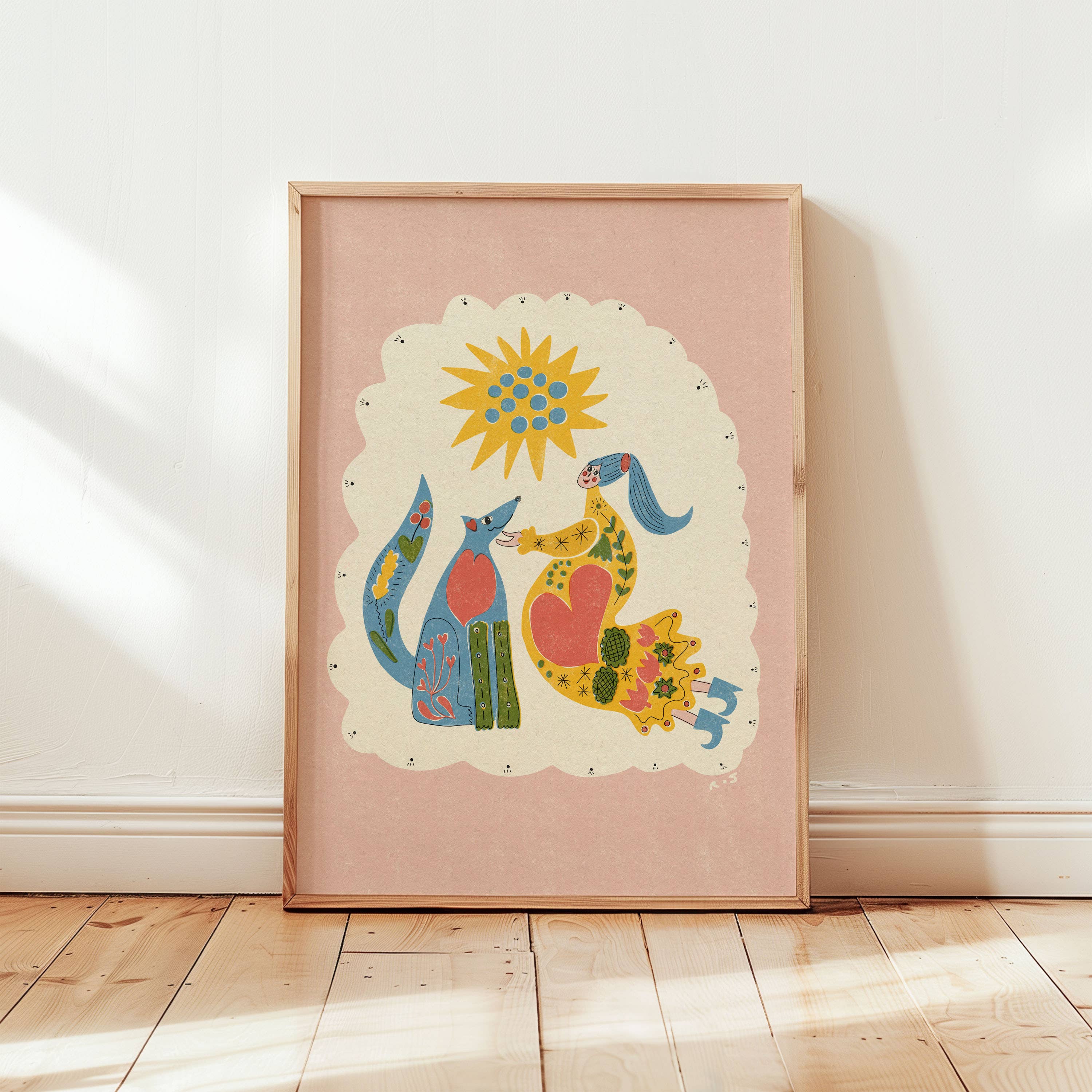 Rebecca Joy Ltd - Vendita all'ingrosso Stampa artistica - 'Madre' | Folk | Boho | Colorato | Cane e Femmina | Stampa in Stile Risograph