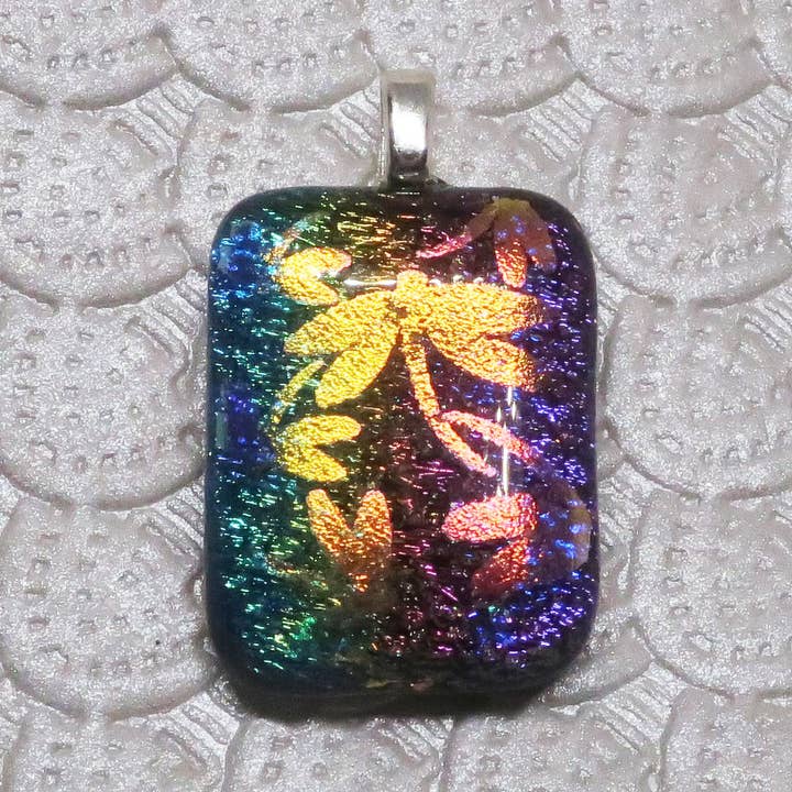 Double Rainbow Dragonfly Fused Dichroic Glass Pendant for wholesale by McCray Studios