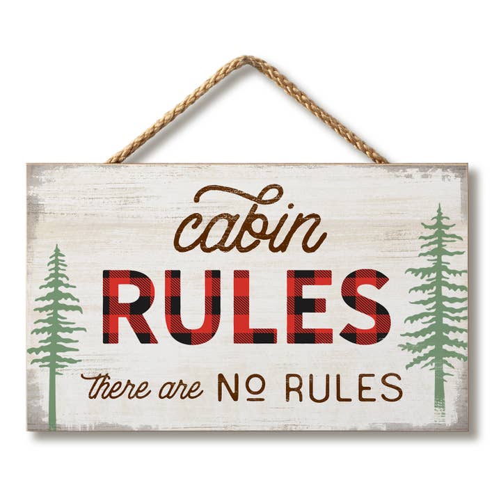 "Cabin Rules" Decorative Hanging Wood Sign 9.5" x 5.75" for wholesale by Conimar Promotions