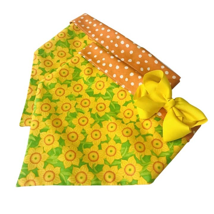 Daffodils Yellow and Orange Polka Dot Dog Bandana for wholesale by Chloe & Max LLC