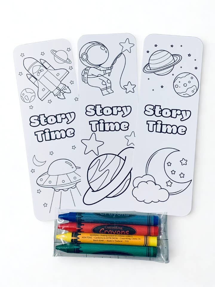 Outer Space Astronaut Spaceship Planets Story Time Coloring Bookmarks with Crayons Kit - Set of 3 - 2" x 6" Rounded Corner Bookmarks for wholesale by Ann Gregory Designs