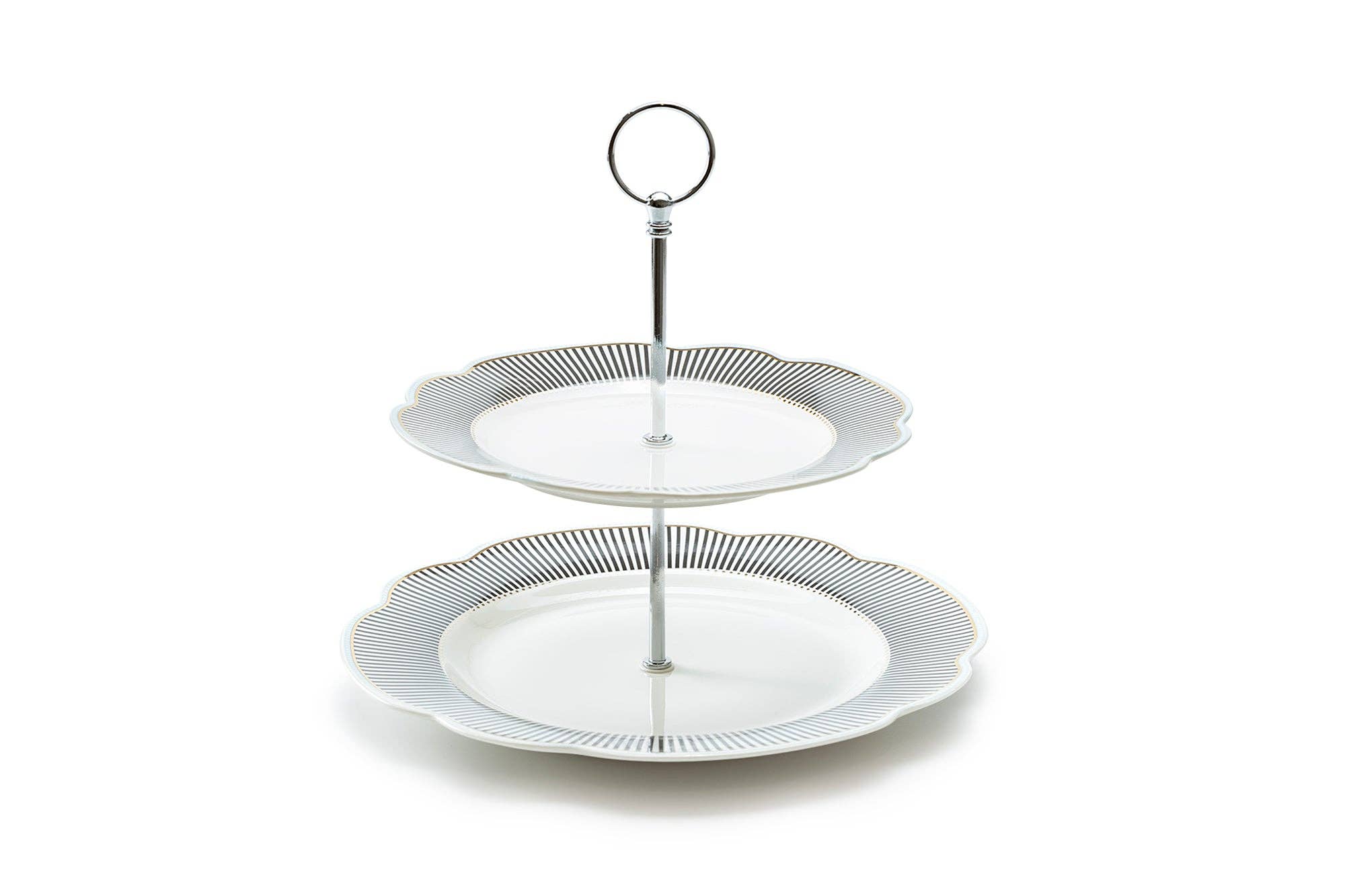 Grace Teaware - Wholesale Serving Tray - Dark Grey Stripes with Gold Dots Scallop Fine Porcelain 2-Tier Server1