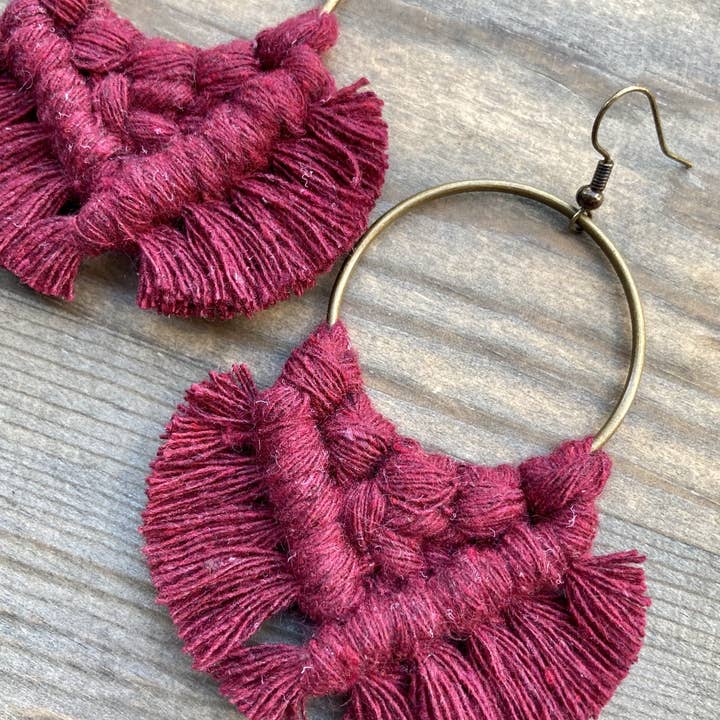 HK Macrame Jewelry - Wholesale Dangle Earrings - Large Square Knot Earrings - Burgundy & Bronze2