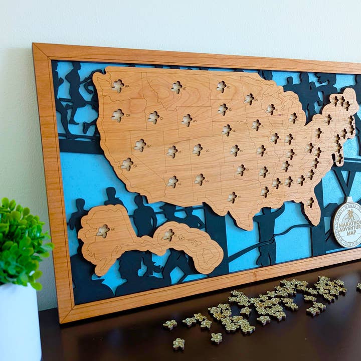 Roots & Routes Co - Wholesale Wall Accent - 50 States of Marathons Adventure Map — Handcrafted Running Tracker2