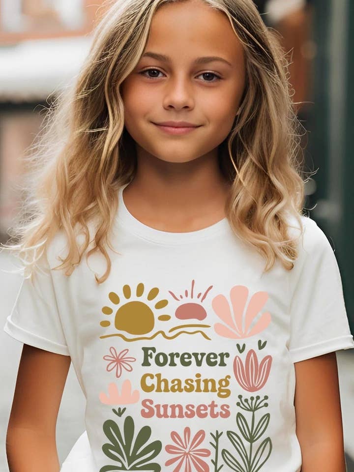 Pink Irene Wholesale - Wholesale Shirt - Women's - Forever Chasing Sunsets Kids Graphic Tee0