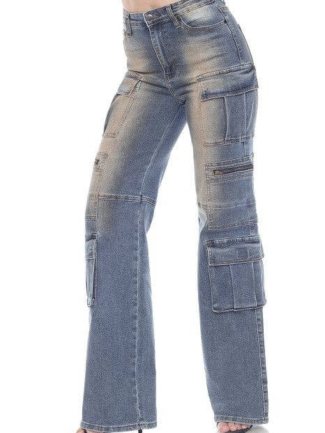 High-Rise Vintage Cargo Jeans, Zipper Detail for wholesale by U Jeans