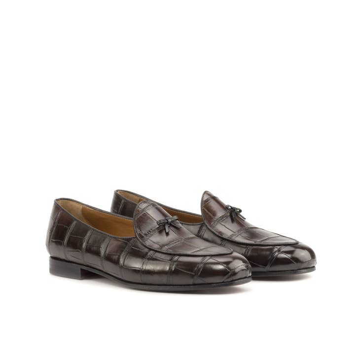 Marcello Leather & Alligator Belgian Slipper in Dark Brown for wholesale on Faire