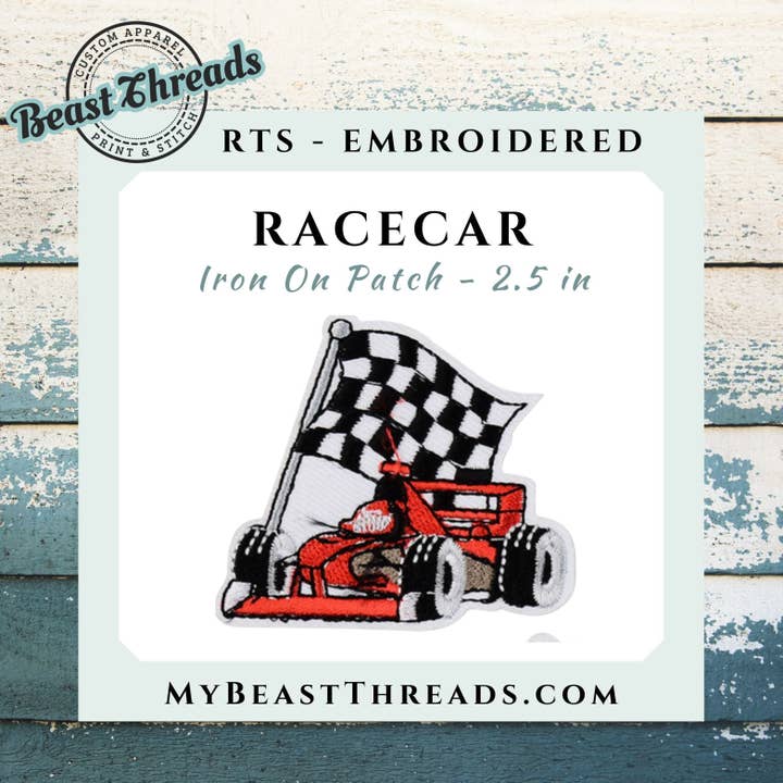 Racecar Embroidered Patch- RTS for wholesale by Beast Threads LLC