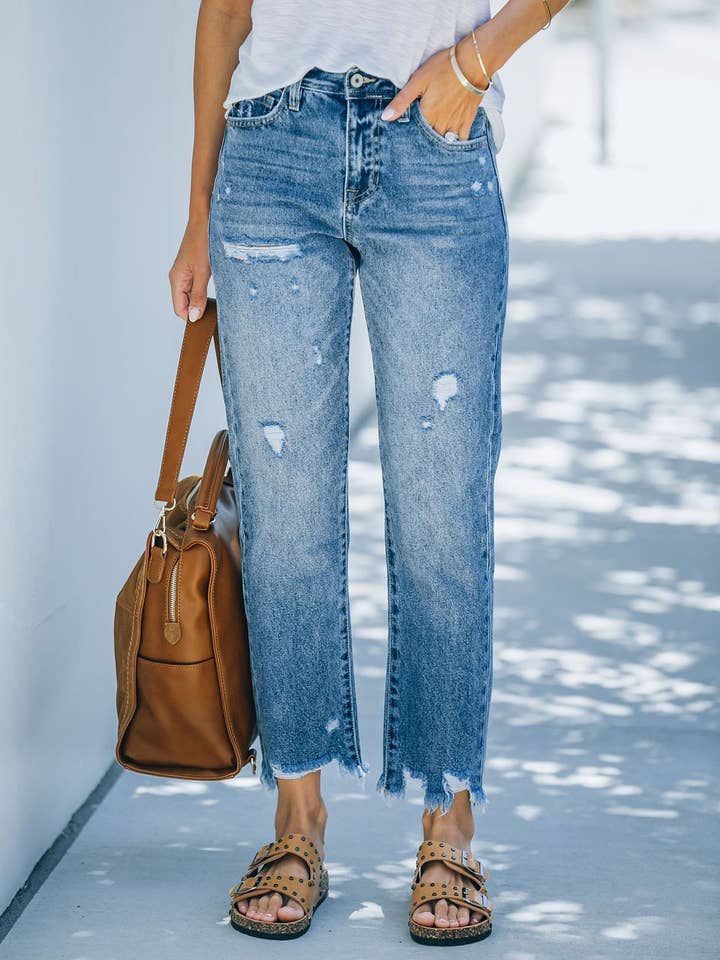 Blue Women's Distressed Denim Pants nine-point straight jeans for wholesale on Faire