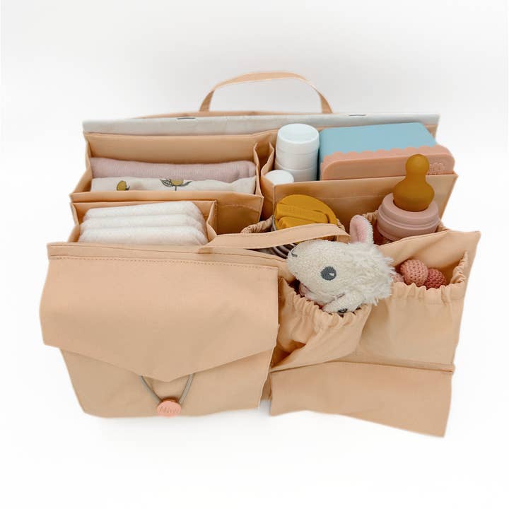 lilibell – wholesale Skötväska - Baby – Klassisk blöjväska M Beige & Dopi-krok Brun bunt
