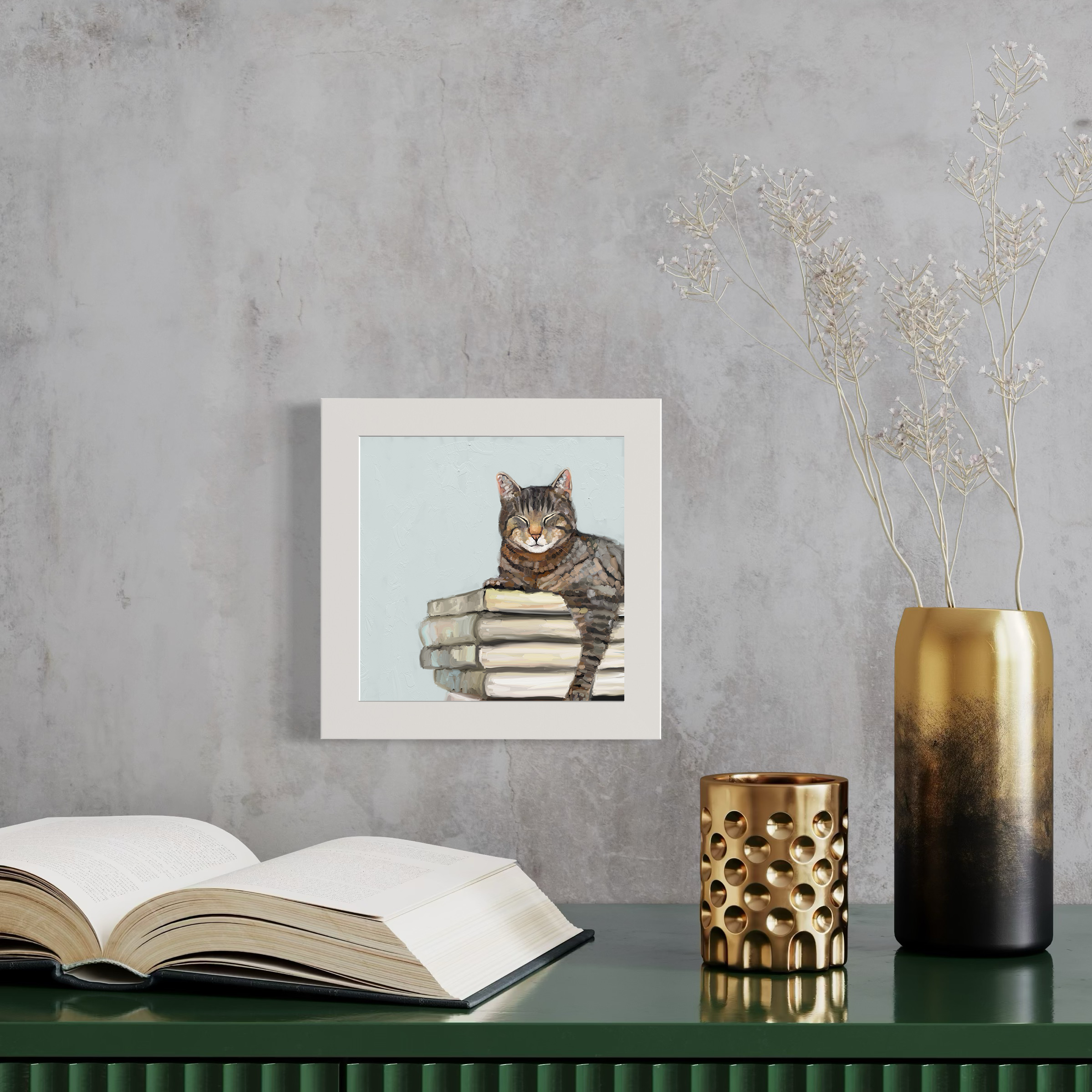 Cathy Walters Art - Wholesale Art Print - Cat on Books 2 Happy Square™1