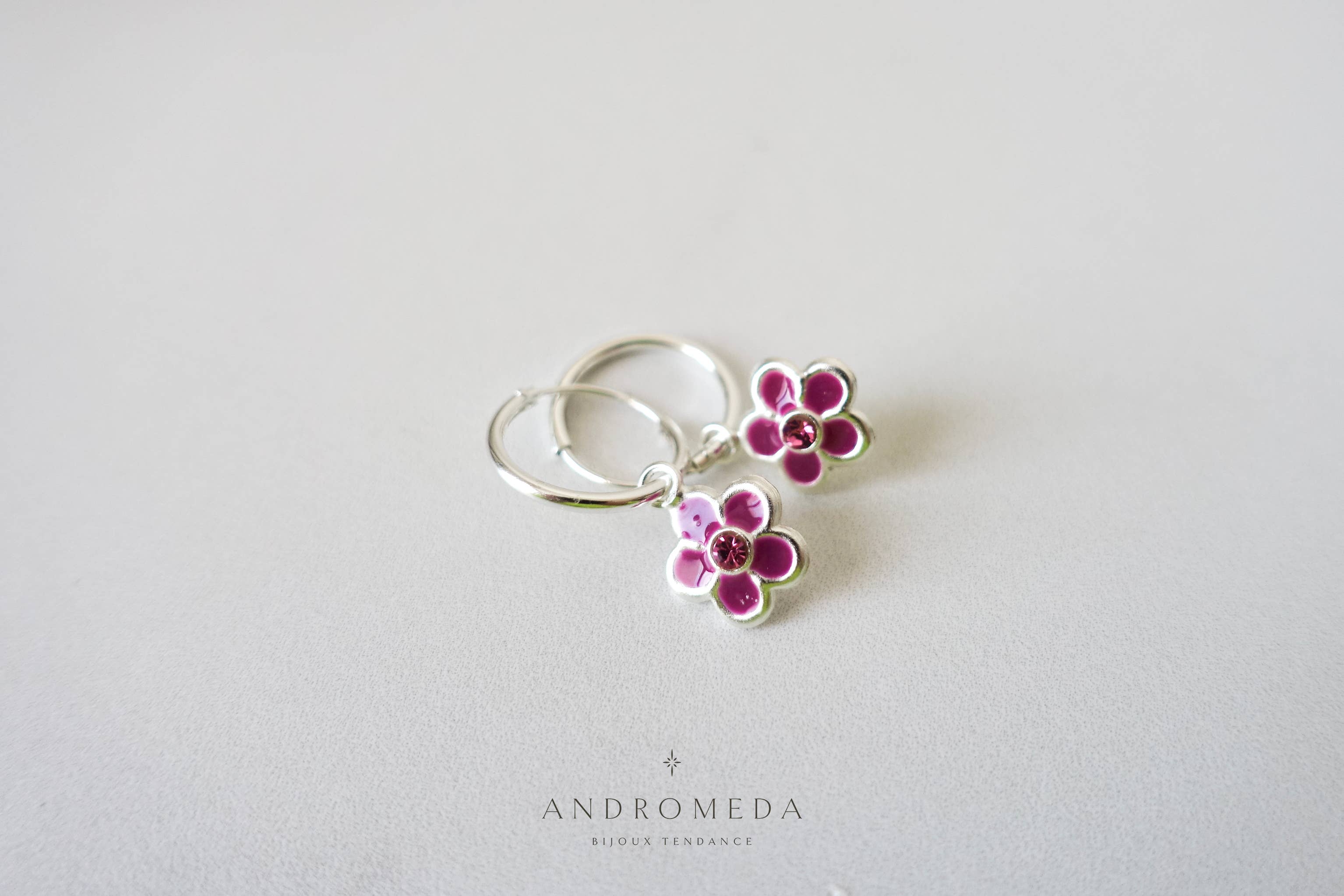 Andromeda Bijoux - Wholesale Huggie Earrings - Enamel Flower Huggies, Colorful Crystal 925 Silver Earrings2