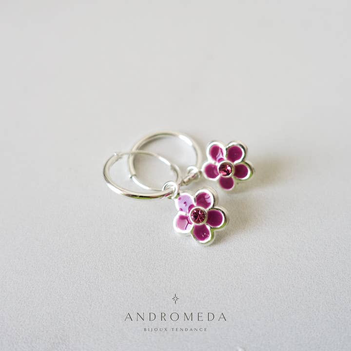 Andromeda Bijoux - Wholesale Huggie Earrings - Enamel Flower Huggies, Colorful Crystal 925 Silver Earrings2