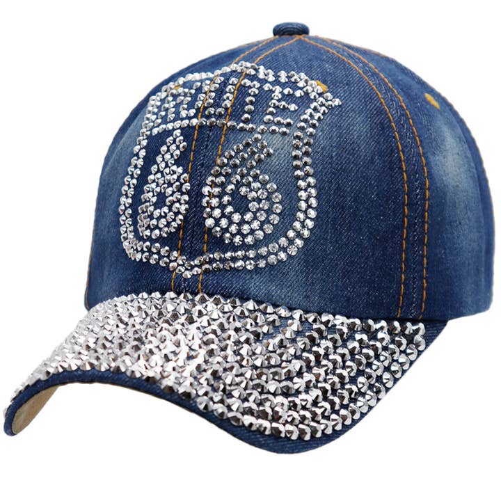 Cap Zone - Wholesale Baseball Cap - Women's - Route 66 Logo Bling Rhinestone Denim Baseball Cap