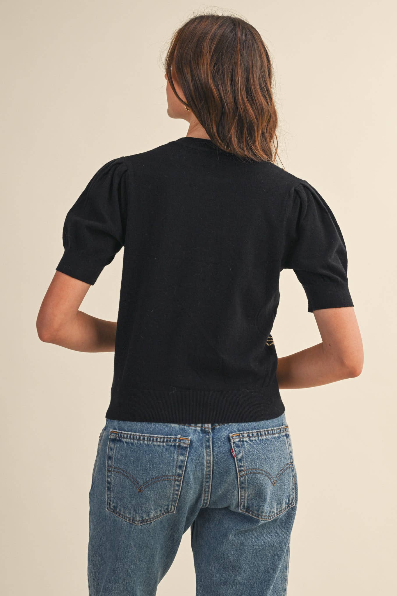 &MERCI - Wholesale Knit Sweater - Women's - SHORT PUFF SLEEVE EMBROIDERY FRONT SWEATER MSW108328