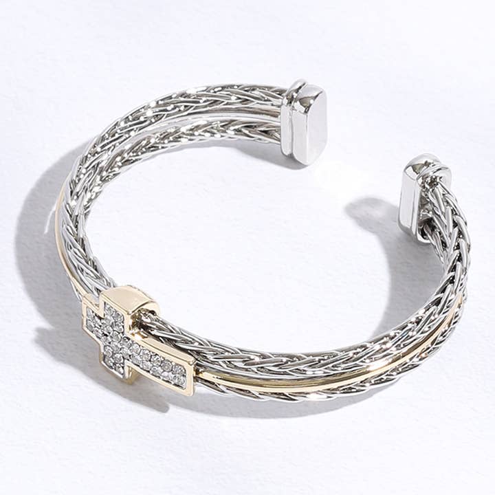 BK Crystal Cross Double Ponytail Bracelet Cuff Bangle for wholesale on Faire