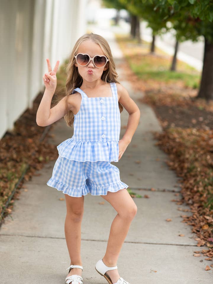 Wren & James - Wholesale Top & Short Set - Kids - Kids Blue Check Gingham Ruffle Button Short Set