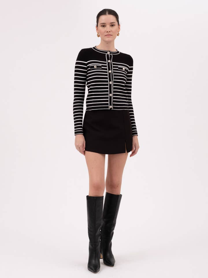 BLACK CONTRAST STRIPE ROUND NECK BUTTON DOWN CARDIGAN for wholesale on Faire