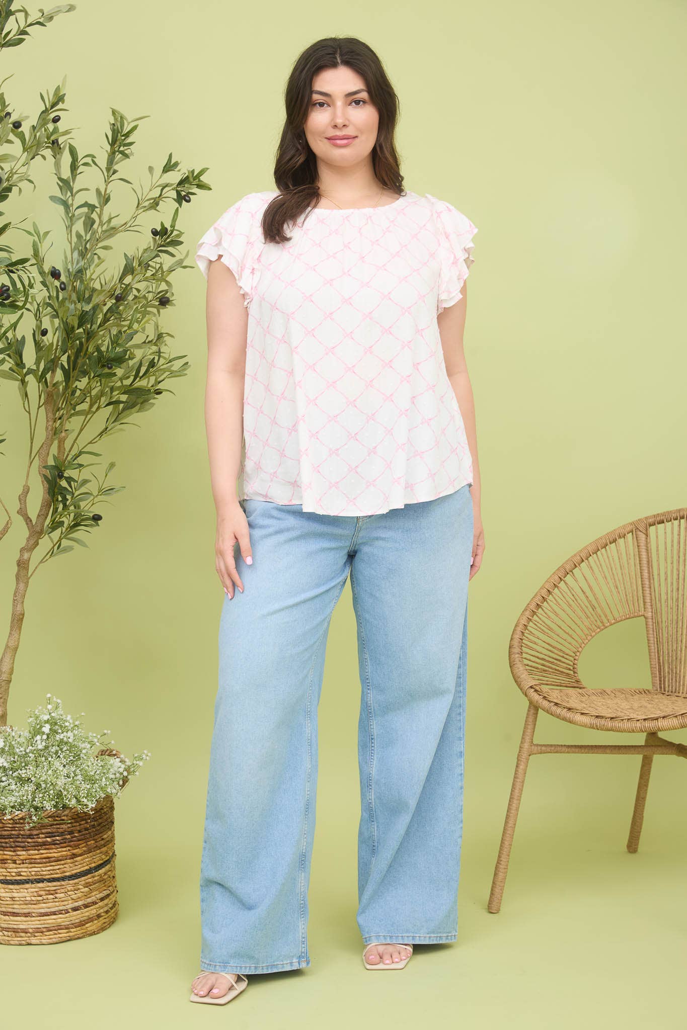 Blu Pepper - Wholesale Blouse - Women's - PLUS BOW CLIP DOT PATTERN RUFFLE SLEEVE BLOUSE 8