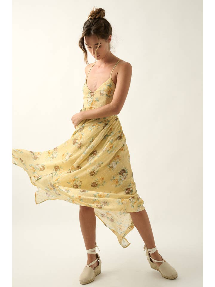 SUNSHINE Floral Swiss Dot Chiffon Handkerchief Maxi Dress for wholesale on Faire