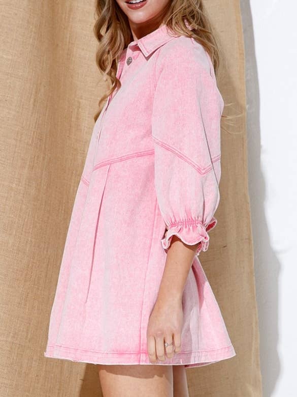 HIDDENBRAND - Wholesale Dress - Women's - Balloon sleeve denim shirt mini dress2