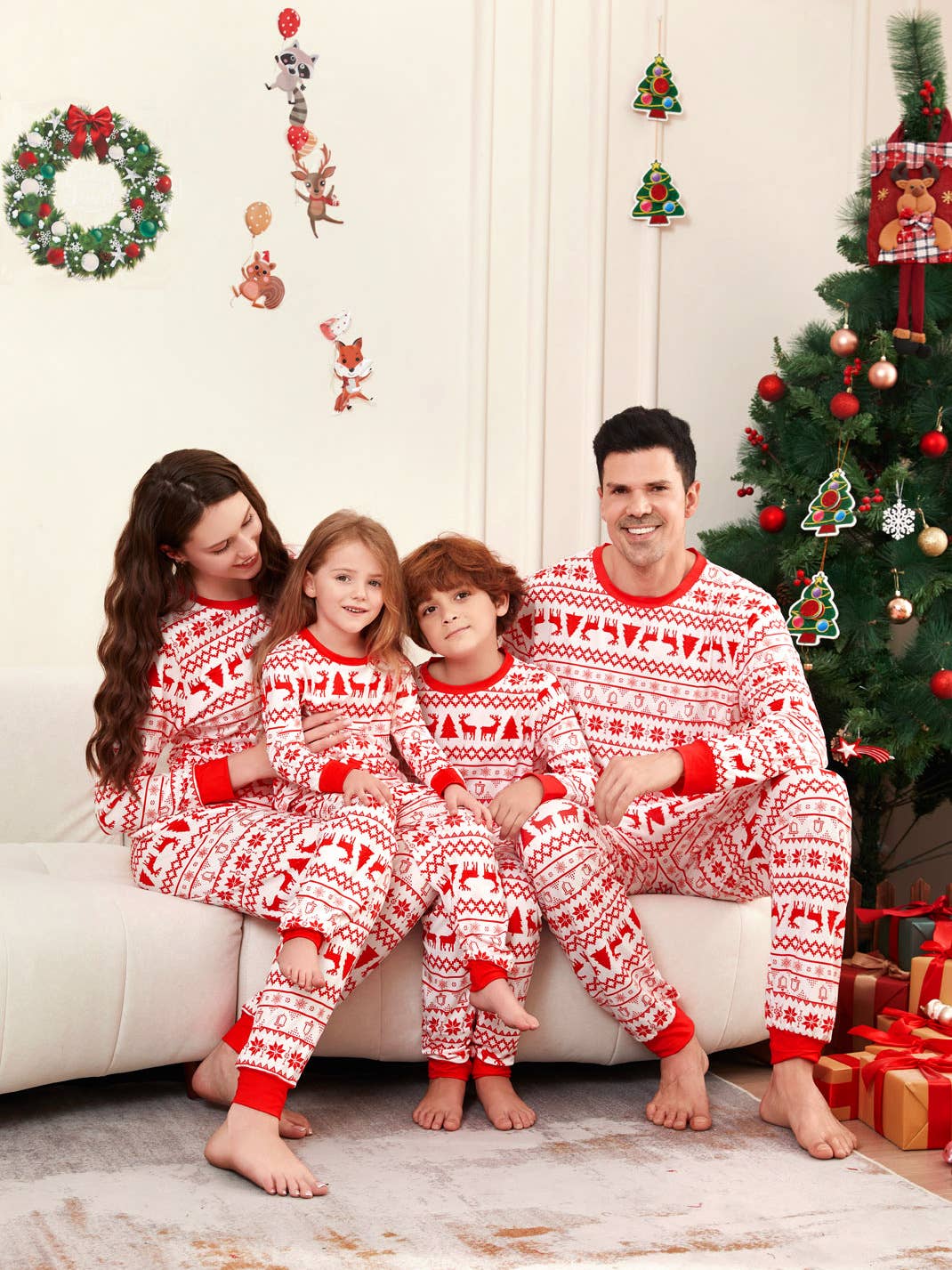 Family Matching Red White Reindeer Christmas Pajama Sets for wholesale on Faire0