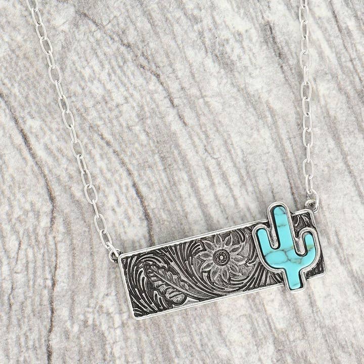 Sbtq WESTERN TURQUOISE CACTUS BAR PENDANT NECKLACE N13628 for wholesale on Faire