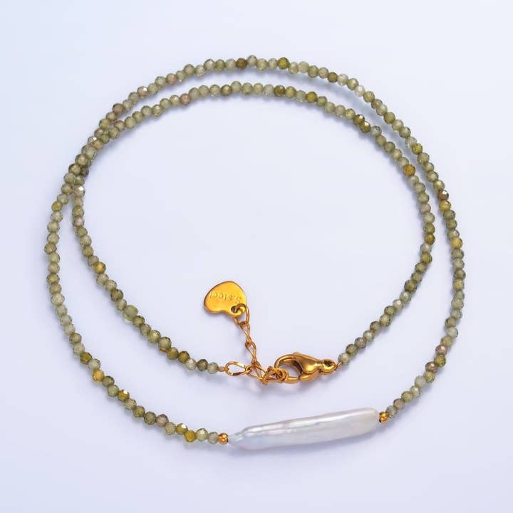 Stainless Steel Biwa Freshwater Pearl Multifaceted Crystal Gemstone 15 Inch Choker Necklace | WA-3105 for wholesale by Aim Eternal