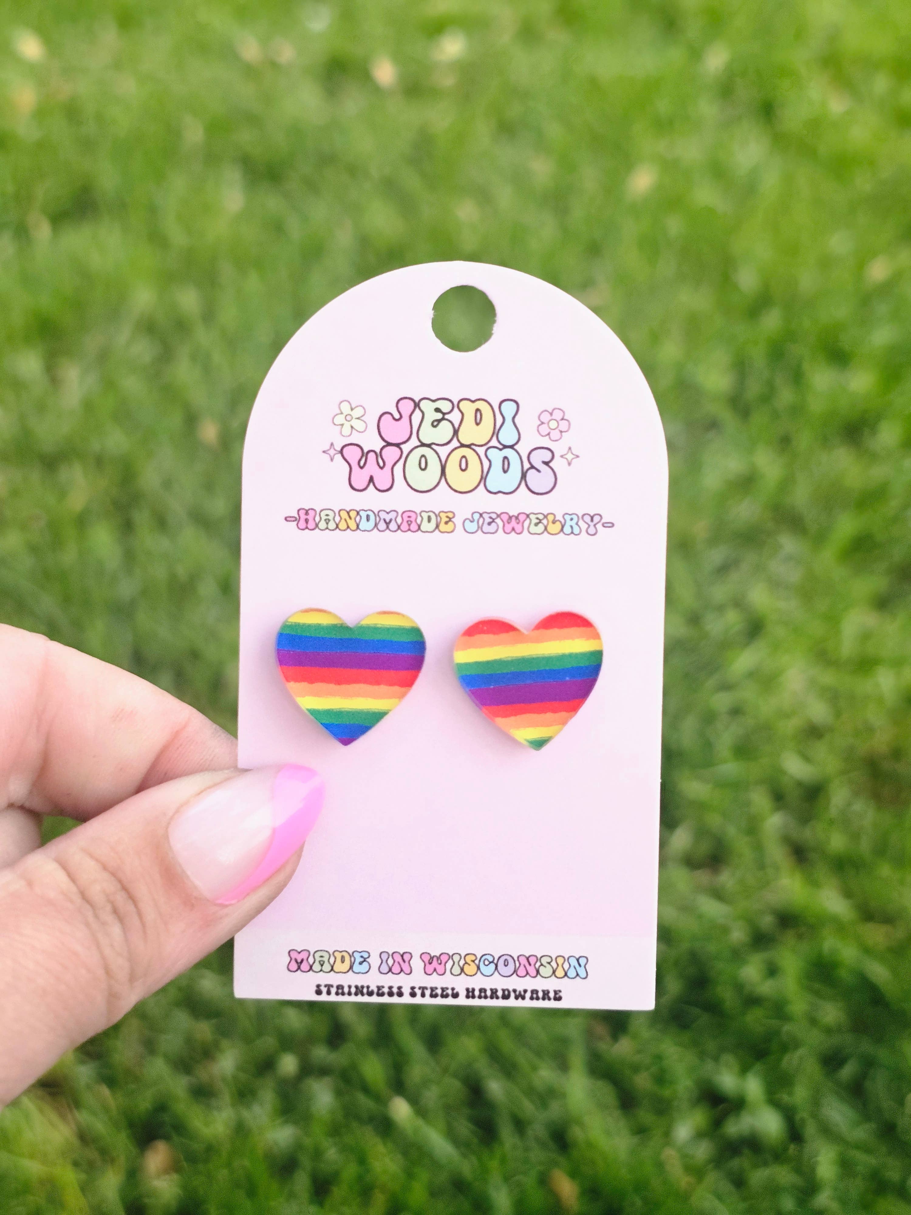 Jedi Woods LLC - Wholesale Stud/Post Earrings - Extra Large Rainbow Heart Studs0