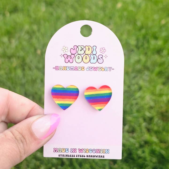 Jedi Woods LLC - Wholesale Stud/Post Earrings - Extra Large Rainbow Heart Studs0