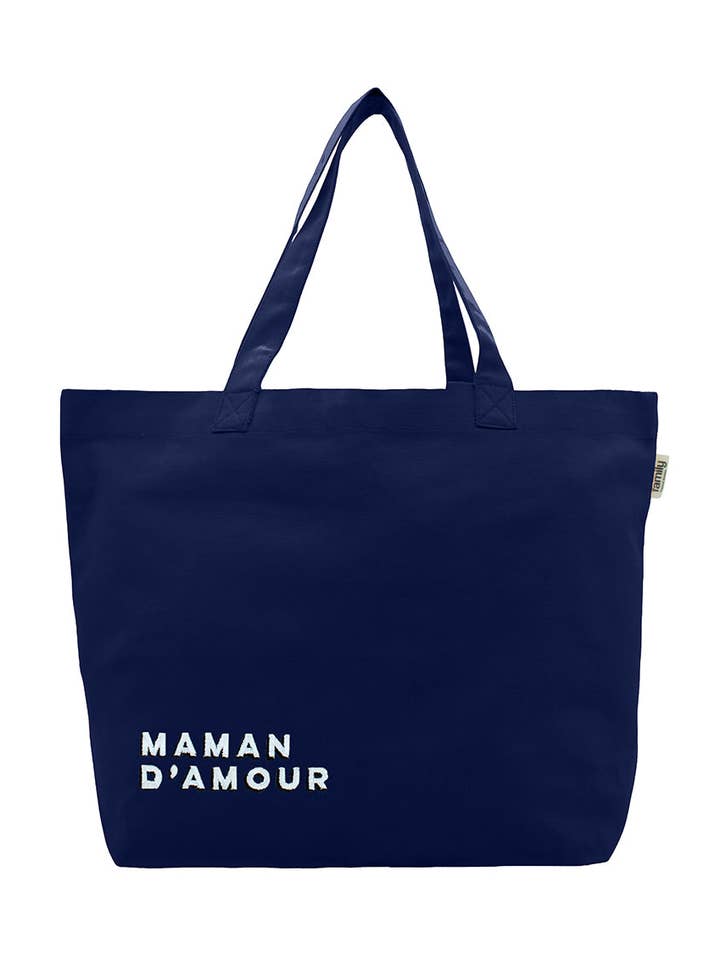 Borsa shopping ricamata MAMMA D’AMORE blu navy per la vendita all'ingrosso da parte di Family Impact Stories