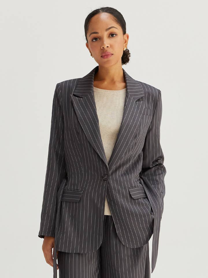 CJ8093 - Jayda Pinstripe Blazer with Waist Belt for wholesale by Crescent