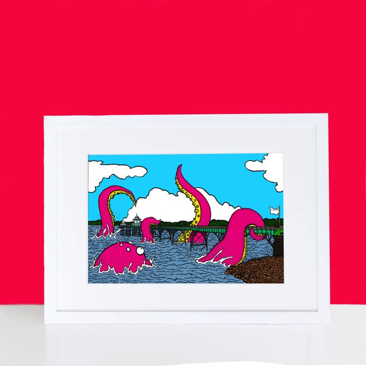 Monster Vs Clevedon Pier Print - Uk Landmark for wholesale by Dixon Does Doodles