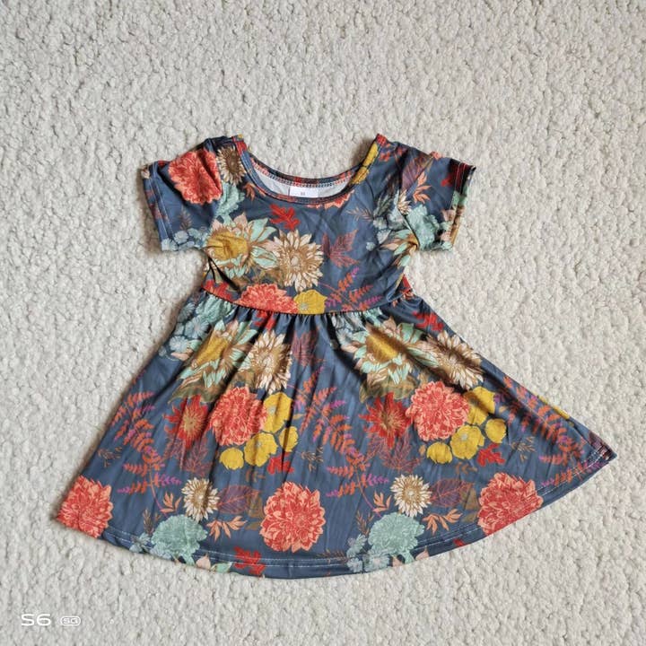 Aier Wholesale - Wholesale Dress - Kids - Baby girls navy floral short sleeve dresses