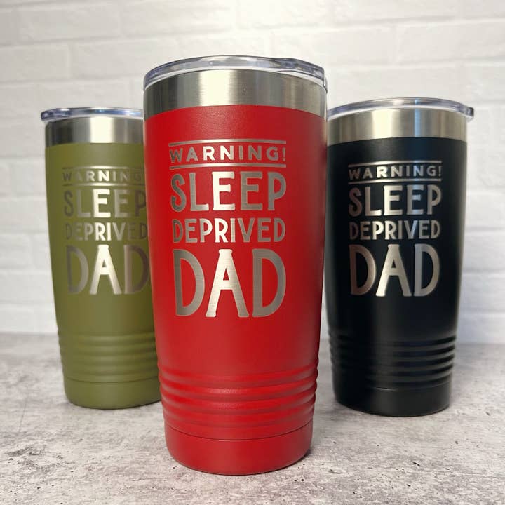 Warning Sleep Deprived Dad Travel Mug for wholesale by Katie & Company
