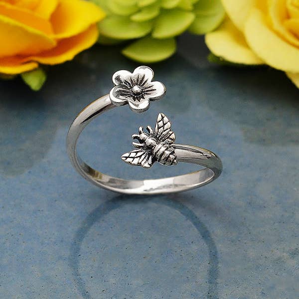 Nina Designs - Wholesale Band/Stacked Ring - Silver or Bronze Bee and Cherry Blossom Adjustable Ring