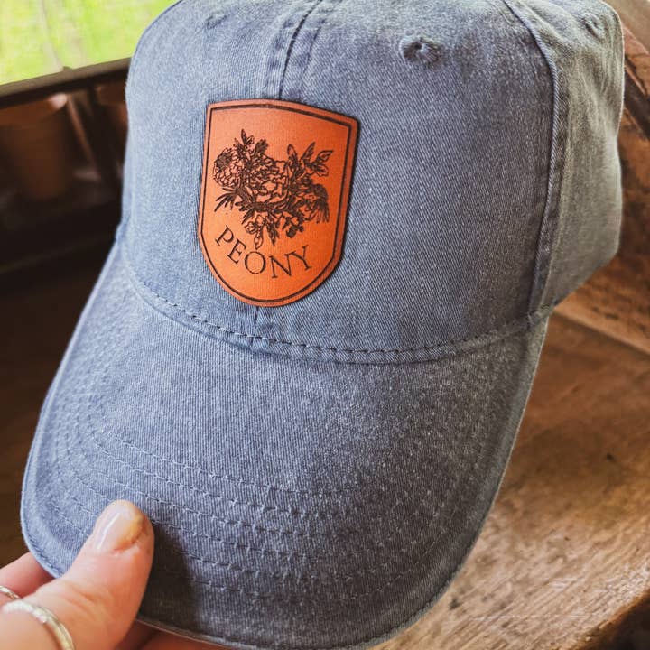Left Grain - Wholesale Baseball Cap - Women's - Vintage Peony Leather Patch Hat – Denim