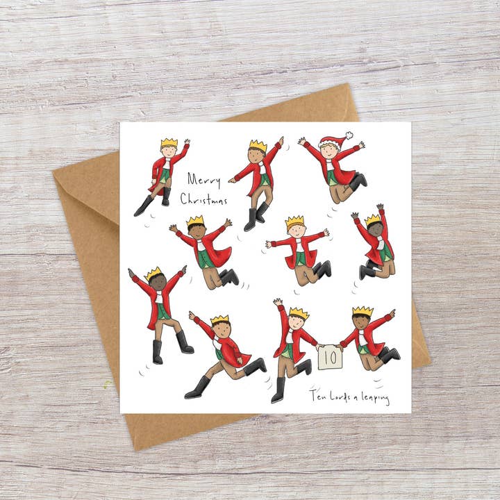 Dix seigneurs sautant - Carte des Douze Jours de Noël pour la vente par Lucy Driver Illustration