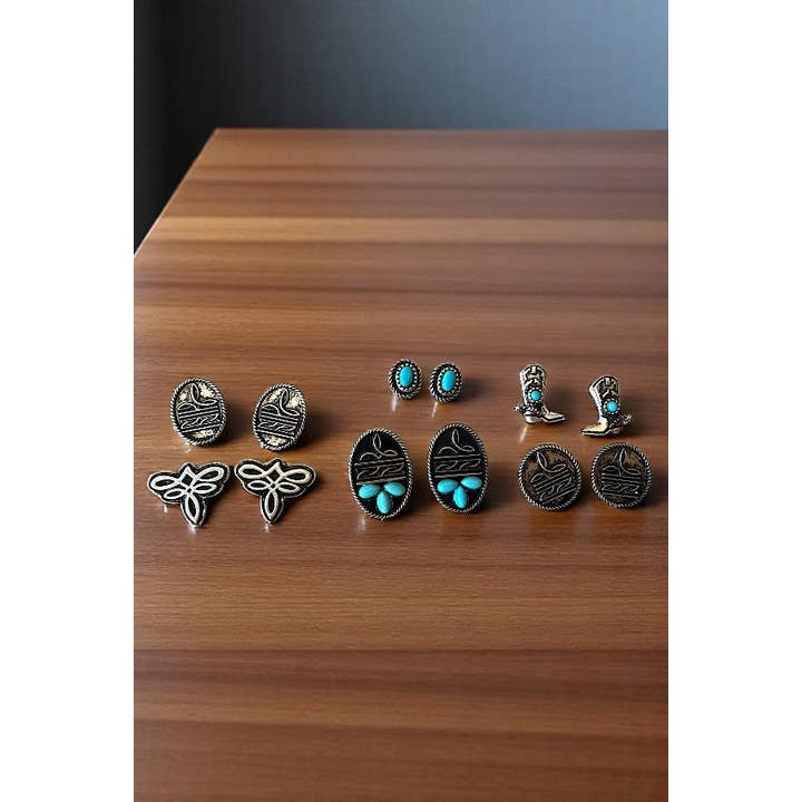 Burnished Silver WESTERN BOOT STITCH MIX POST EARRING SET for wholesale on Faire