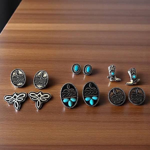 Argent bruni Ensemble de 6 paires de boucles d’oreilles clous avec motif bottes western et gemme turquoise en vente sur Faire