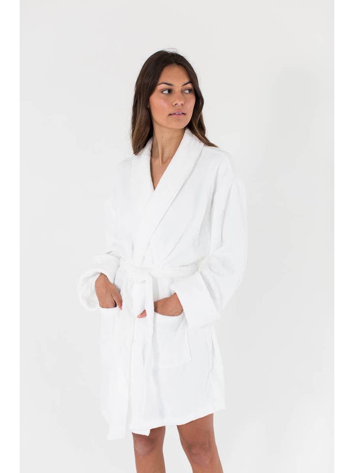 Aegean Apparel - Wholesale Robe - Women's - Solid Zero Twist Short Terry Loop Bathrobe - White1